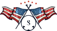 Two crossed American flags with five red stars above and a stylized letter "S" below.