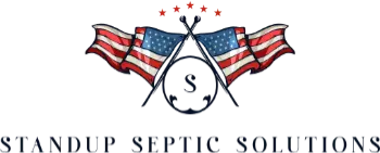Logo for Standup Septic Solutions featuring crossed American flags and five stars above, with a circular emblem containing the letter "S" at the center.